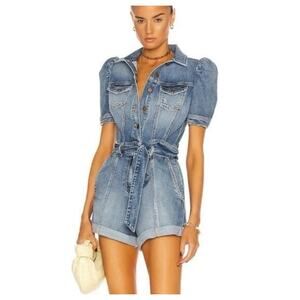 Retrofete Phoebe Blue Denim Romper Puff Sleeve Belted Size XS